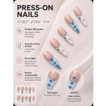 Blue‑Plaid Floral Bow Rhinestone Press‑On Nails, Gentle French Long Stiletto False Nails